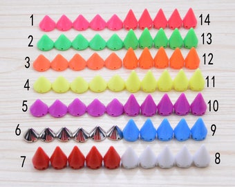 50 Assorted color plastic Spikes, Spike studs, flat back spikes, cone studs, bullet spikes for embellishment, bullet studs, plastic studs