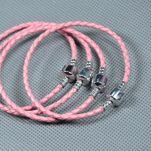7.87&#39;&#39; long Pink leather bracelet, Braided genuine leather bangle bracelet, blank bracelet, Beaded charm cord for bracelet making