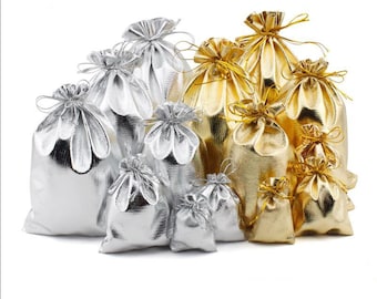 50pcs small gift bags, gold/silver drawstring pouches, rosary pouch, candy bags, assorted size