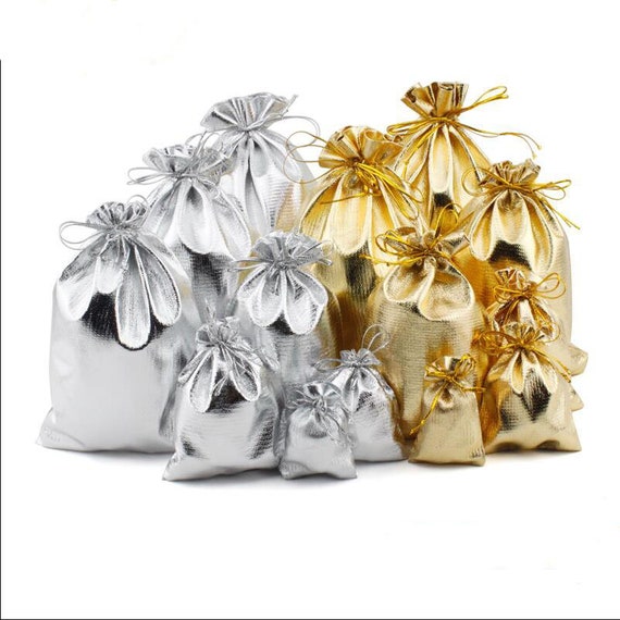 50 bolsas de regalo pequeñas, bolsas con cordón dorado/plateado