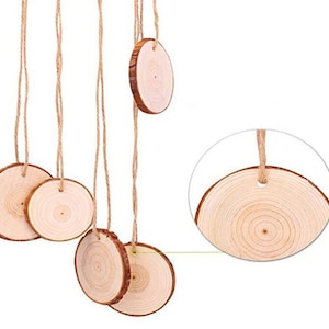 Assorted Size Natural Pine wood slab Ornament, Wood Log Slab charm Decoration, round wood slab, DIY crafts, with hemp rope