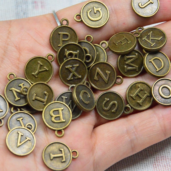 Bulk 26 or 50 antique bronze round letter beads, Alphabet letter charms, Alloy Initial Letter disc charms for bracelet 12mm
