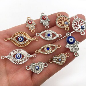 Silver/Gold Rhinestone Evil Eye charms, Glitter crystal Jewelry Evil eye charms for DIY crafts, Eye/Anchor/heart/tree/disc/Palm Metal charms