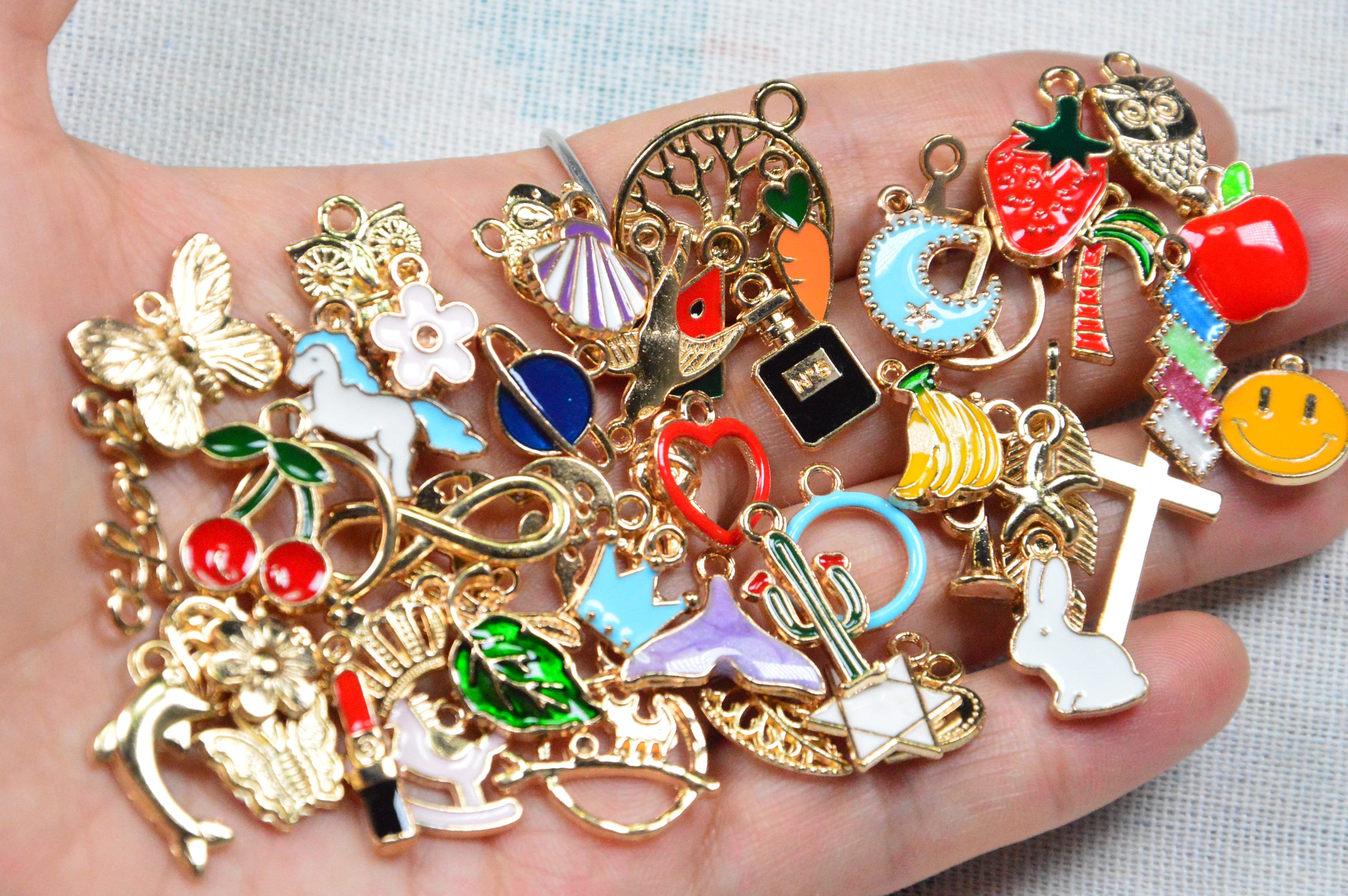 Assorted 50 Enamel charms gold metal charms, small alloy jewelry charms  collection, DIY bracelet charms