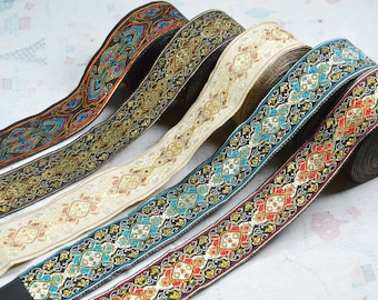 3.3cm Wide Geometric flower Jacquard ribbon trim, Ethnic embroidered ribbon woven border sewing trim by the yard