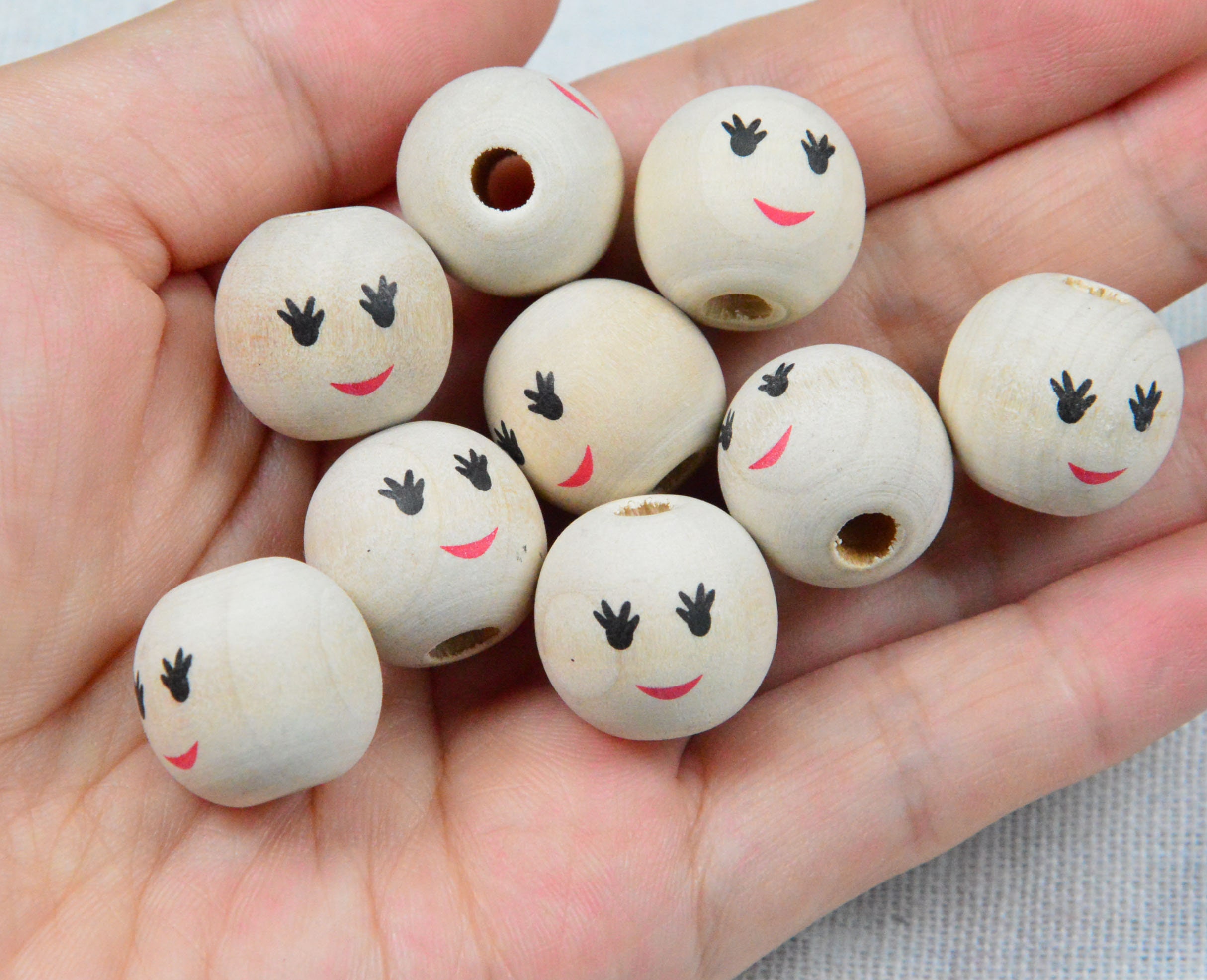 20 wooden beads Smiling face painted Cartoon round wood ball Etsy