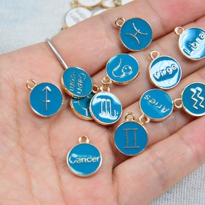 12pcs Methyl Blue Enamel Zodiac charms, Double sided Zodiac sign discs, Horoscope zodiac beads for jewelry making 12mm