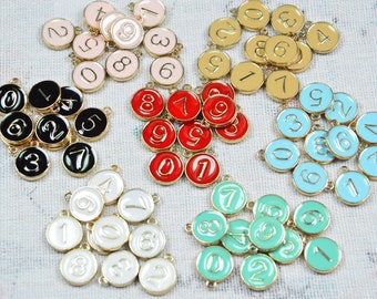 10 PCS Enamel Number charms, Assorted color Arabic number Disc charms, Double sided number pendant 12mm