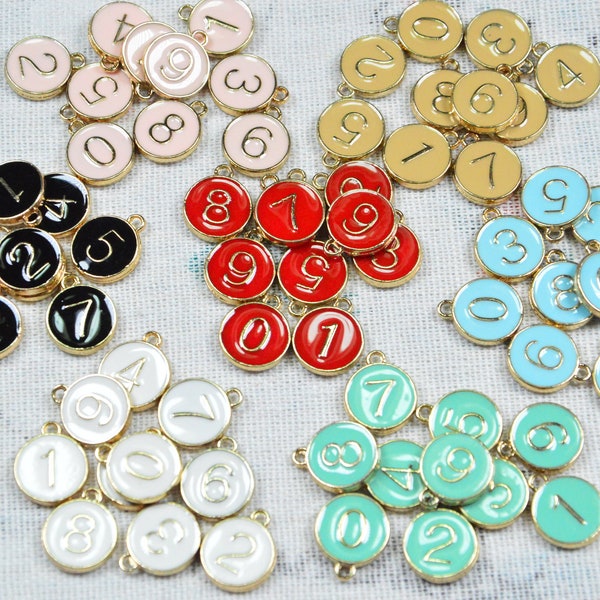 10 PCS Enamel Number charms, Assorted color Arabic number Disc charms, Double sided number pendant 12mm