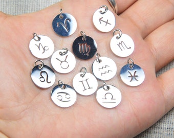12mm Zodiac charms, Silver stainless steel round Zodiac signs, Astrology Jewelry