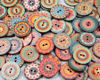 50 pcs wooden buttons, Ethnic flower buttons 25mm round buttons