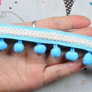 10ft Blauw Pom Pom franjelint, Wit koord gevlochten lint met pompomballen, boho-stijl balversiering 1,35'' breed