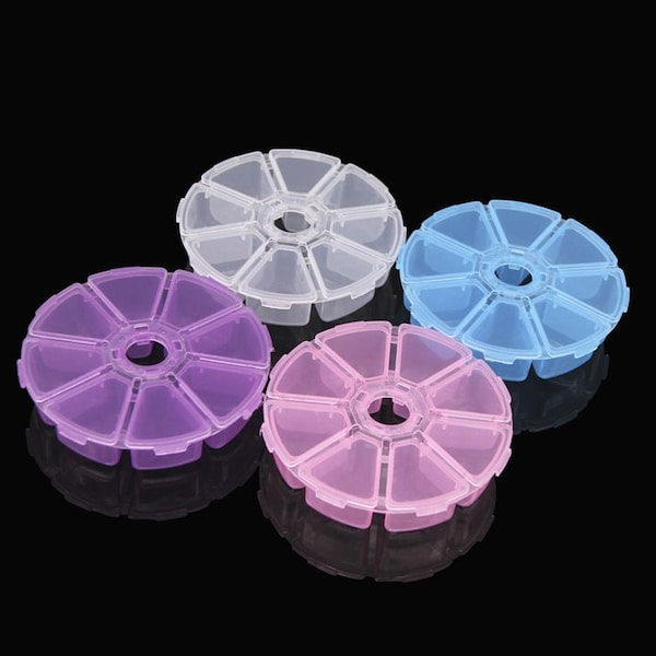 Clear/Pink/Blue/Purple/orange plastic box, Round box Unmovable Dividers 8 Grids/Compartments, Jewelry craft organizer bead storage container