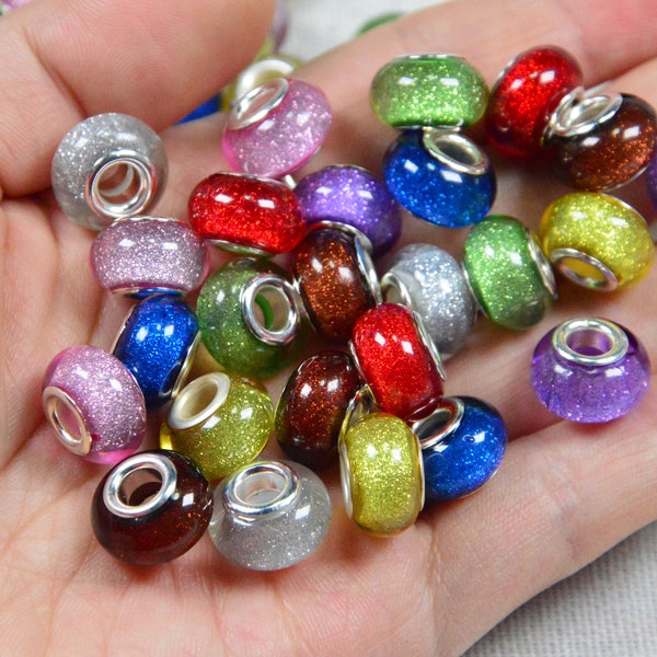 50 Stück Holografische Glitzer Perlen mit großem Loch, europäische Perlen Acryl-Spacer-Perlen für DIY-Armbandversorgung, zufällig ausgewählte Perlen