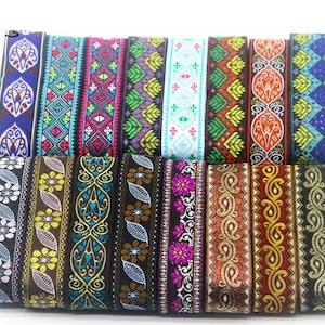 3.3cm width Geometric Jacquard ribbon, Ethnic Floral Embroidered fabric woven ribbon Sewing craft ribbon trim by the yard