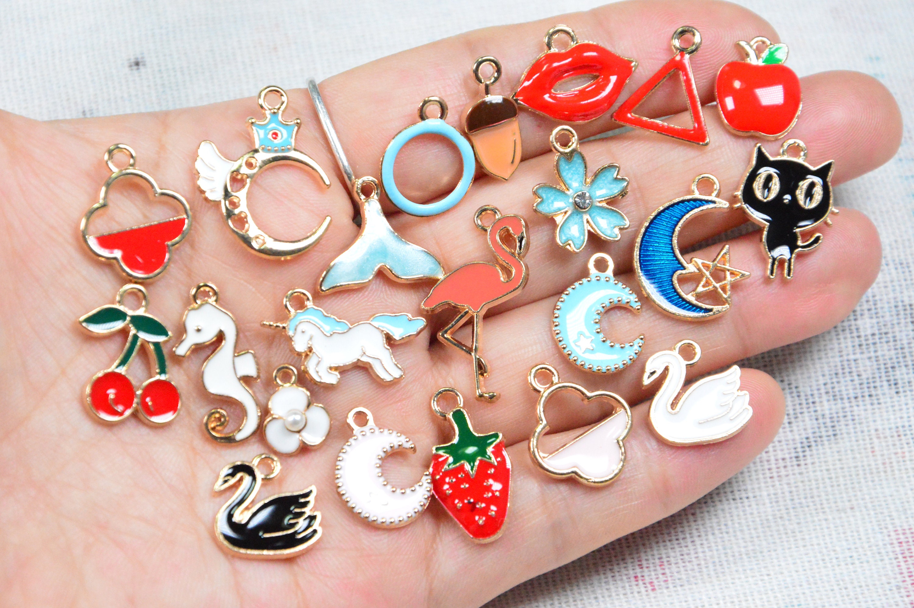 Bulk 100 Enamel Charms, Mixed Jewelry Charms, Gold Plated Metal Charm Pendant Collection, Assorted DIY Bracelet Charms