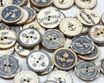 50 PCS Nautical Theme wooden buttons, Voyager, the Seaman style round buttons 25mm