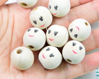 20pcs wooden balls, smiling face painted round wooden beads, Cartoon beads 18mm