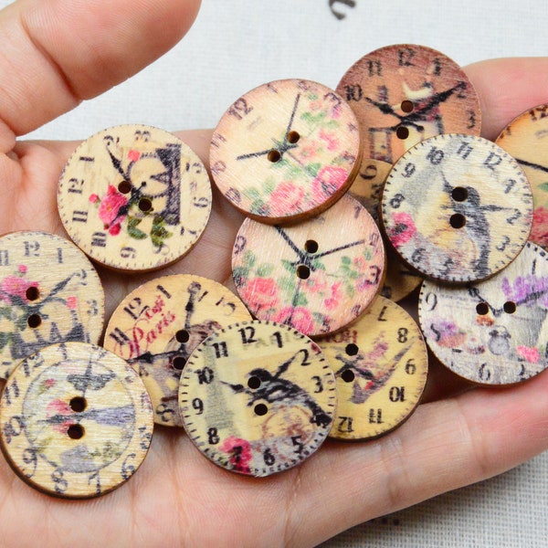 50 pcs Ethnic wooden buttons, assorted flowers painted round wood buttons, vintage Digital clock button