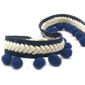 10ft Navy Pom Pom balls fringe ribbon trim, Pompom ball fringe trim, cotton cord braided ribbon with pompom balls 1.35&#39;&#39; wide