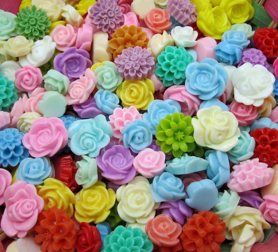 50 Pcs Assorted Resin Flowers Resin Flower Beads Mixed Flower
