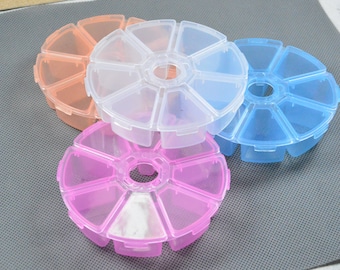 Assorted color round plastic box, 8 Grids round box, Unmovable divided compartment plastic container, jewelry bead storage box 10.2cm