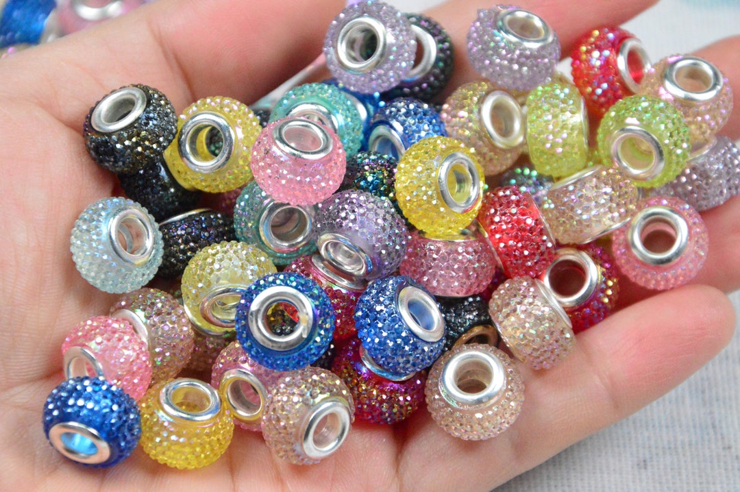 100pcs Large Hole Beads 13mm Rondelle Resin Rhinestone European Beads Loose  Spacer Beads For Bracelet DIY Jewelry Making