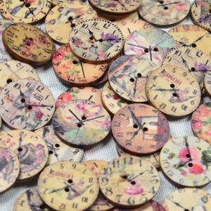 50 PCS x 25mm Botones de madera estilo reloj, Botones de madera de diseño vintage, botón decorativo de botones redondos estilo shabby chic
