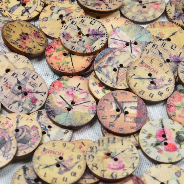 50 PCS x 25mm Clock style wooden buttons, Vintage design wood buttons, shabby chic style round buttons decorative button