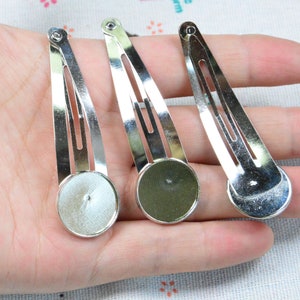 10 pcs/20 pcs silver metal snap clips, hair clips, round cabochon tray snap hair clips, jewelry crafts
