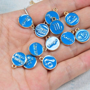 Wholesale 12pcs dark blue Enamel Zodiac charms, Double sided Zodiac sign charms,Astrology Zodiac disc charms for birth jewelry 12mm