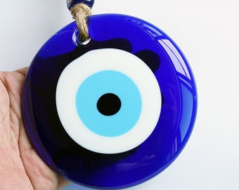 Blue Evil Eye charm, 10cm large glass Evil Eye Hanging Greek Mati Eye Nazar Amulet Protection good luck Handmade Home Decor