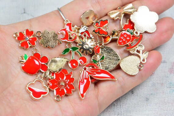 Collection 31 Red Enamel Charms, Red Style Gold Plated Alloy