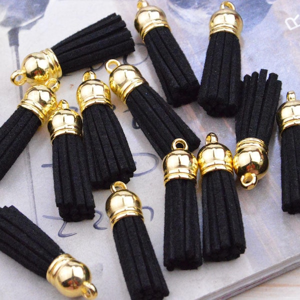 50pcs mini tassels for jewelry crafts, 1.5'' black faux suede leather Tassel with gold plastic cap
