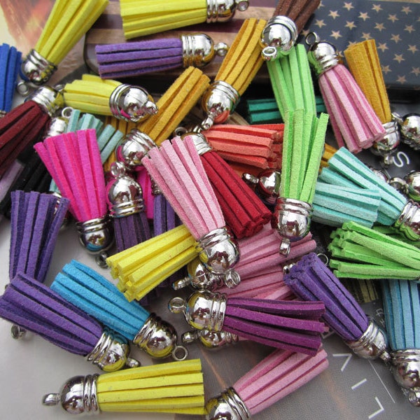 50pcs assorted color tassels, 1.5’’ mini tassels, Faux suede leather tassel with silver plastic cap