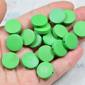 15mm Green painted flat round wooden beads, Wooden discs, wood coin beads