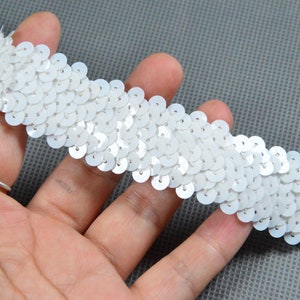 3yds/10yds White Sequin trim, 3cm wide Stretch sequin border Glitter sequin tape, Elastic sequin lace ribbon for Costume decoration