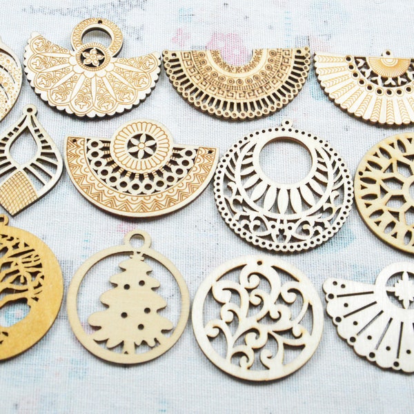 Assorted wooden fan charms, Unfinished round filigree wooden earring charms DIY Jewelry wood pendant, choose your like