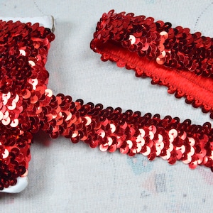 3cm Width Red Glitter sequin trim, Stretch sequin tape sewing trim by the yard