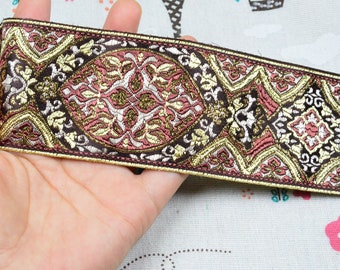 3.3ft Geometric floral Jacquard ribbon trim gold metallic embroidered ribbon sewing trim border 2.3'' wide