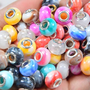 Marbled acrylic beads with silver plated brass double cores, large hole spacer beads European beads mixed random picked