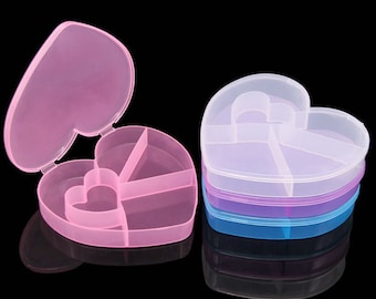 Clear/pink/blue/purple Heart shape plastic box, Clear heart box with Dividers 5 Grids, Jewelry craft organizer box, Bead storage container
