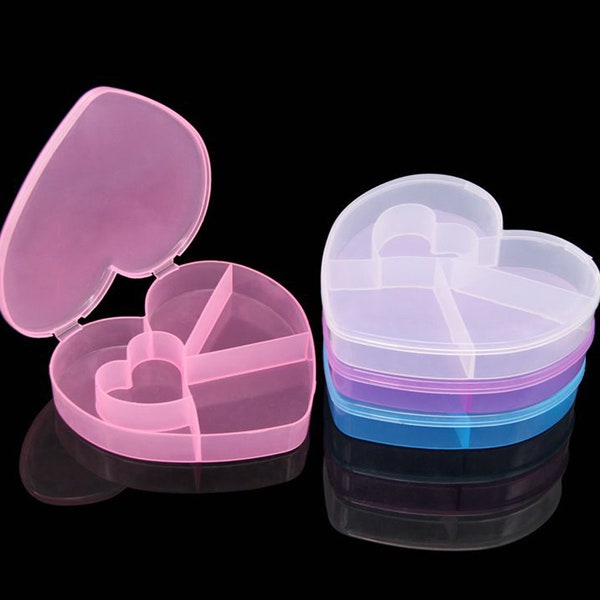 Clear/pink/blue/purple Heart shape plastic box, Clear heart box with Dividers 5 Grids, Jewelry craft organizer box, Bead storage container