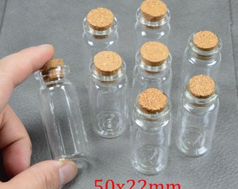 50pcs x 50x22mm small glass bottles, Empty clear glass bottles with cork