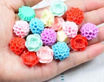 50 pcs assorted color resin flowers, rose chrysanthemum Flower cabochons 18mm