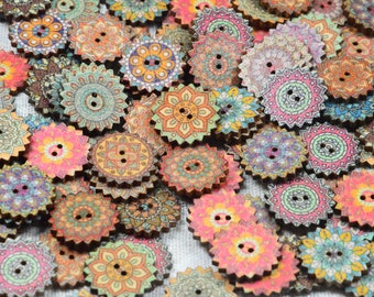 50pcs x 20mm Bohemian style wooden buttons, Ethnic floral round wood buttons, assorted vintage buttons