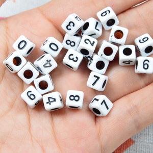 100 pcs black number plastic cubes, white square beads, mini plastic beads 7mm