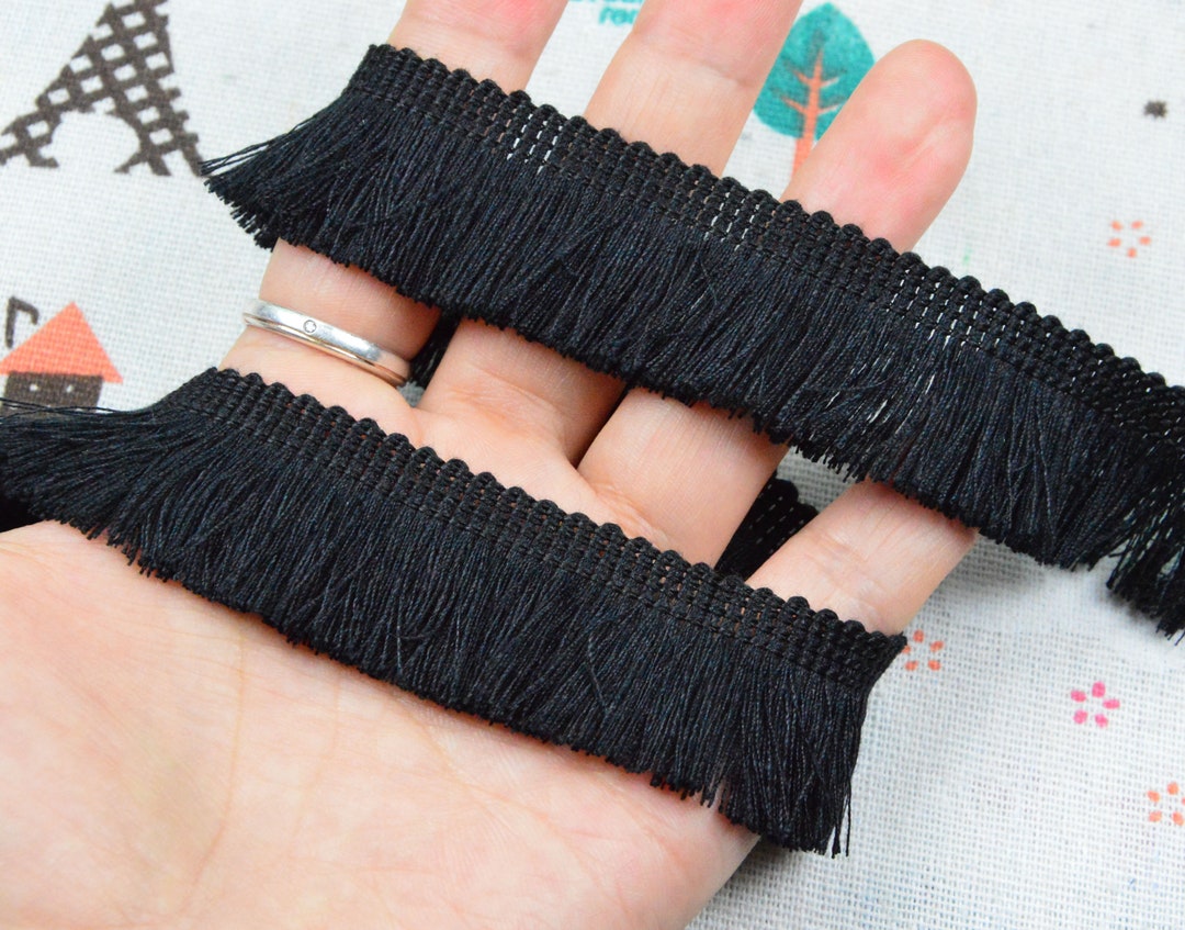 Black Cotton Brush Fringe Trim, 1'' Wide Cotton Tassel Fringe Ribbon