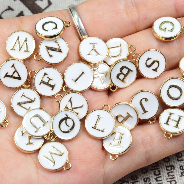 26 or 50 White oil drop round metal letter beads, 12mm Alphabet Letter disc, Double sided Enamel Letter charms pastel initial charm
