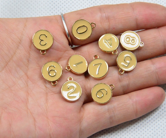 10pcs 0-9 number charms, Double sided old gold Enamel and gold plated  number disc charms, DIY round jewelry number beads 12mm